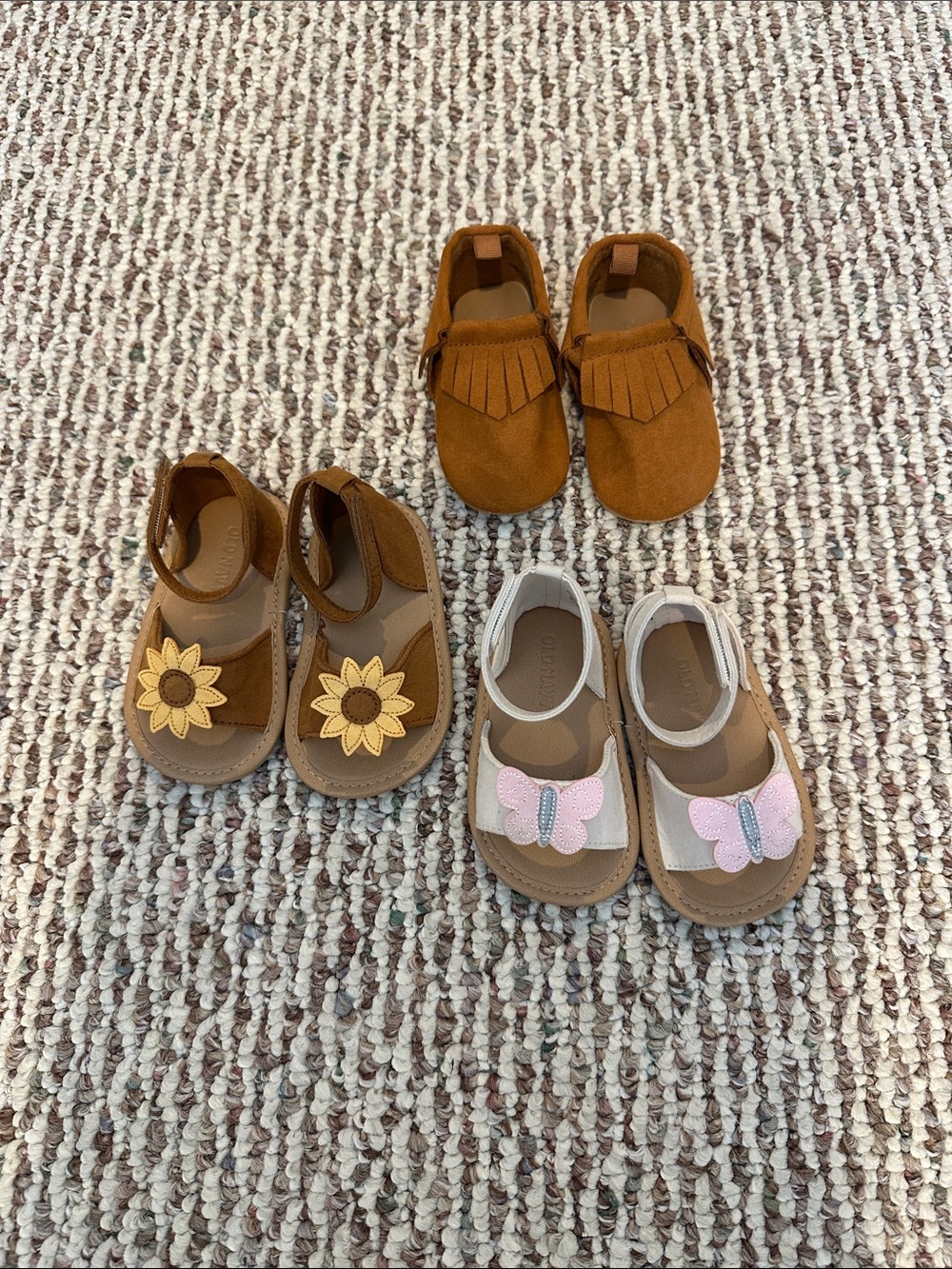 Kids Brown and Pink Floral & Butterfly Sandals and Moccasins (Set of 3)